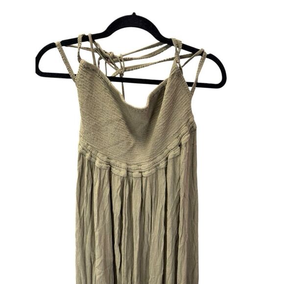 Free People Smocked Maxi Dress XL Olive Khaki Boho Gauze Summer Beach Vacation - Picture 5 of 12